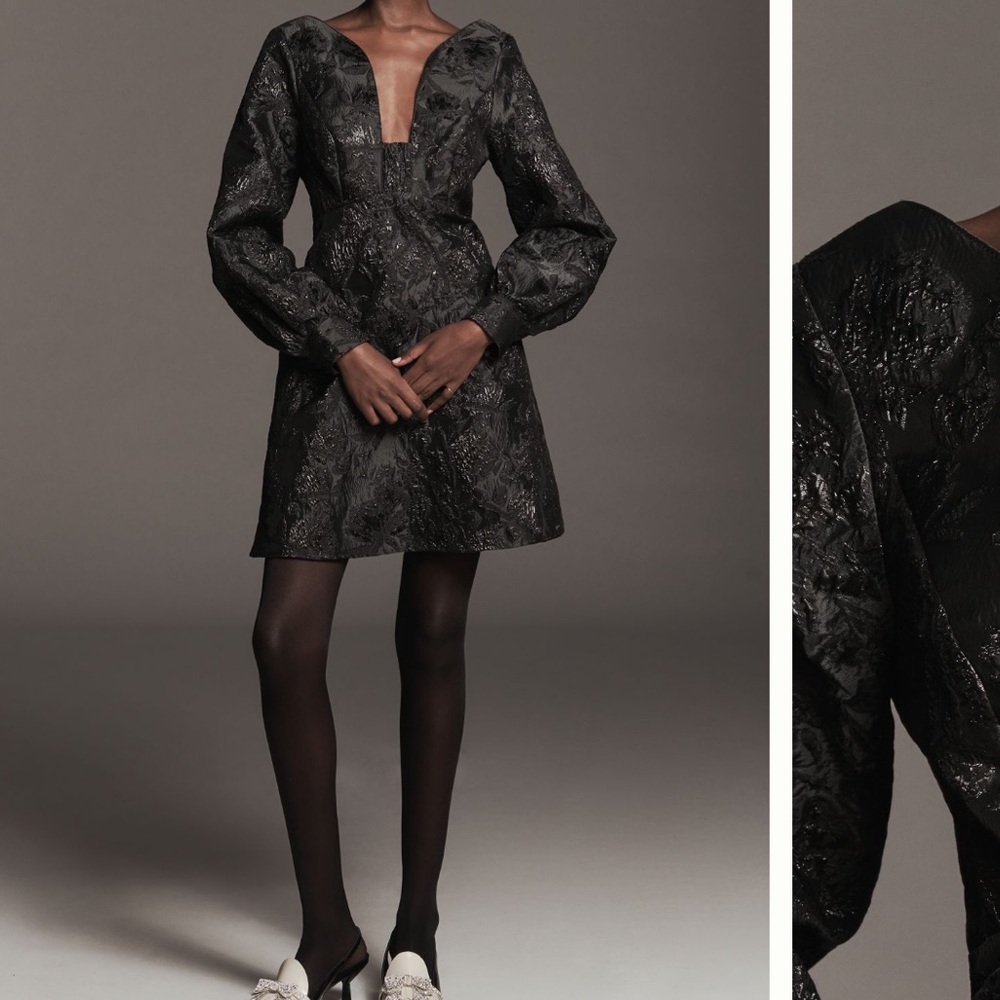 NWT Black Jacquard Plunge Neckline Babydoll Dress by Maeve from Anthropologie 🖤